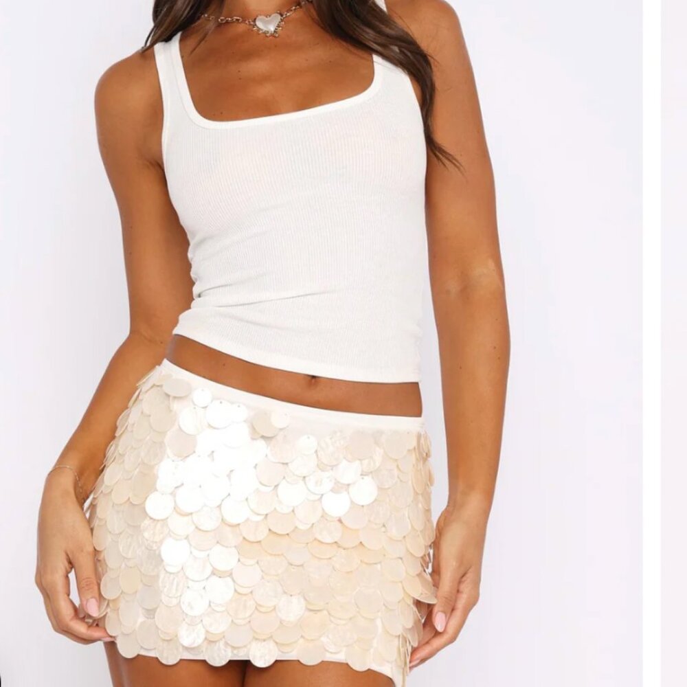 White Fox Boutique Beige Sequin Mini Skirt